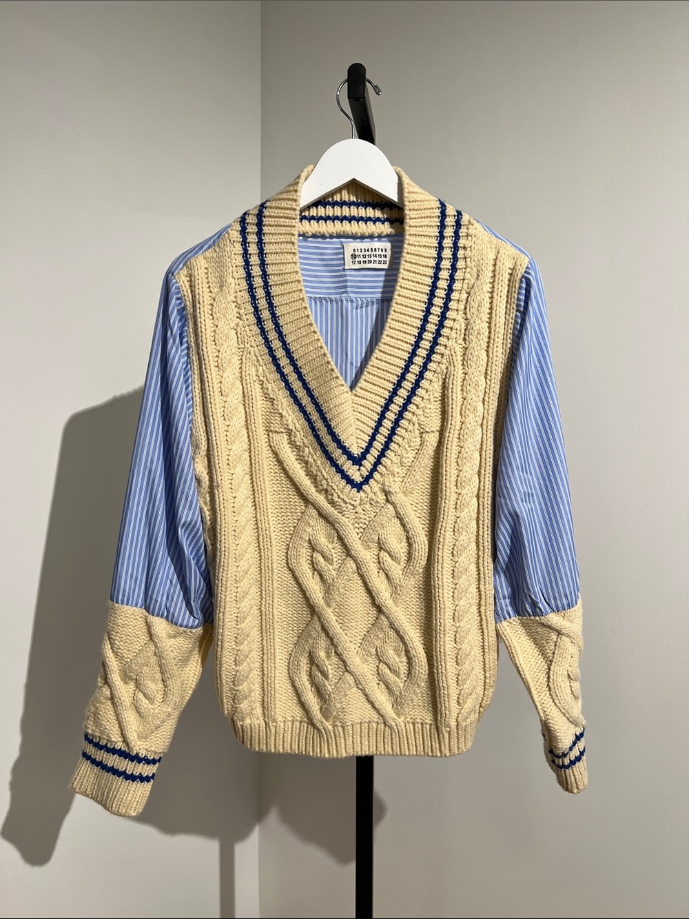 Maison Martin Margiela Cream Cable-Knit V-Neck Sweater with Blue Stripe Accents